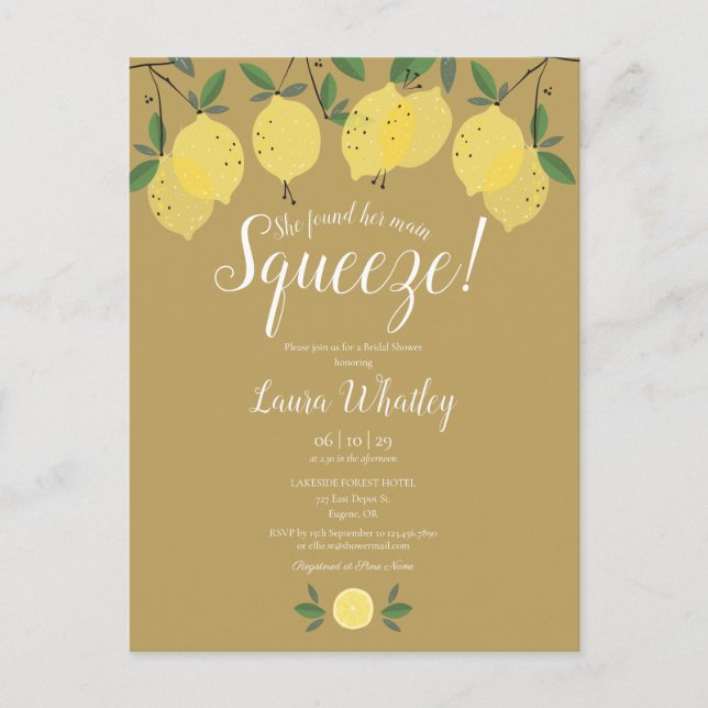 Her Main Squeeze Lemon Gold Bridal Shower  Announcement Postcard (Front)