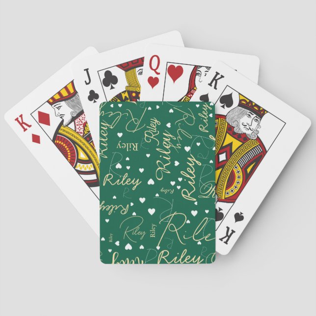 Her Name and Initial with Hearts green Playing Cards (Back)