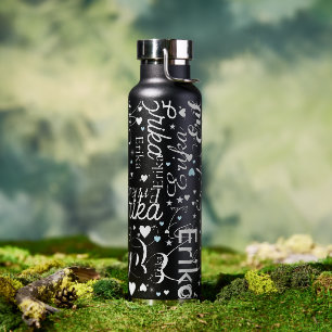 Her Name & Cute Hearts all over Black Water Bottle