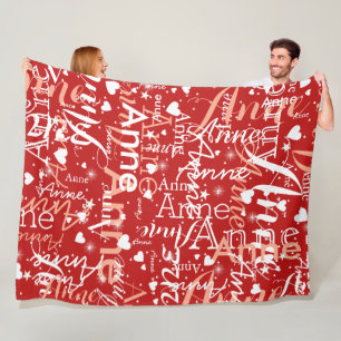 Her Name & Cute Hearts All Over Hot Red Fleece Blanket