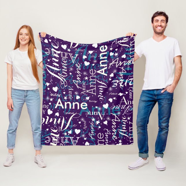 Her Name & Cute Hearts All Over Magic Purple Fleece Blanket (In Situ)