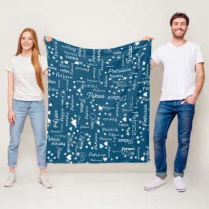 Her Name & Hearts Ocean-Blue romantic Fleece Blanket