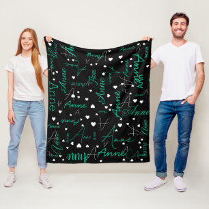 Her Name Initial White Hearts all over BLACK Fleece Blanket