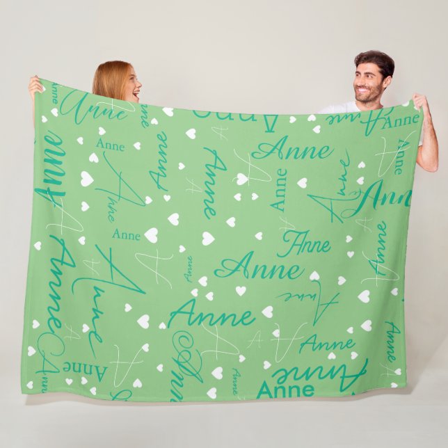 Her Name Initial White Hearts all over sage-green Fleece Blanket (In Situ)