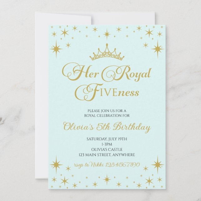 Her Royal Fiveness Gold Princess 5th Birthday Invitation (Front)