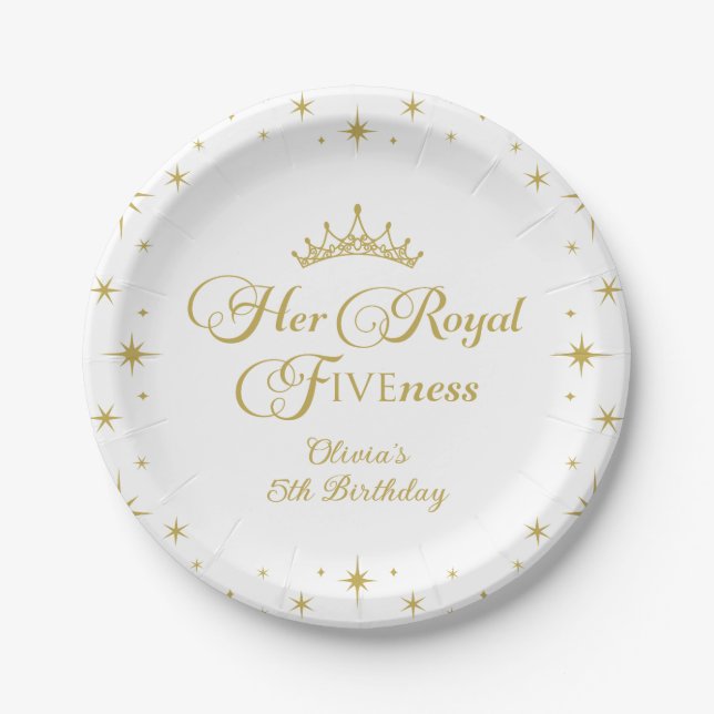 Her Royal Fiveness Gold Princess 5th Birthday Pape Paper Plate (Front)
