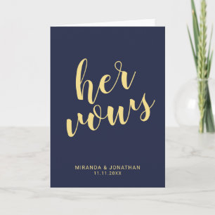 'Her Vows' Elegant Navy Blue and Gold Wedding Vows Note Card
