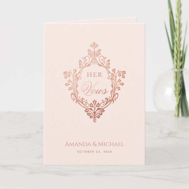 Her Vows Pink Elegant Rose Gold Crest Wedding Book Card (Front)