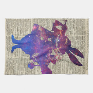 Herald Purple Rabbit Stencil Over Old Book Page Tea Towel