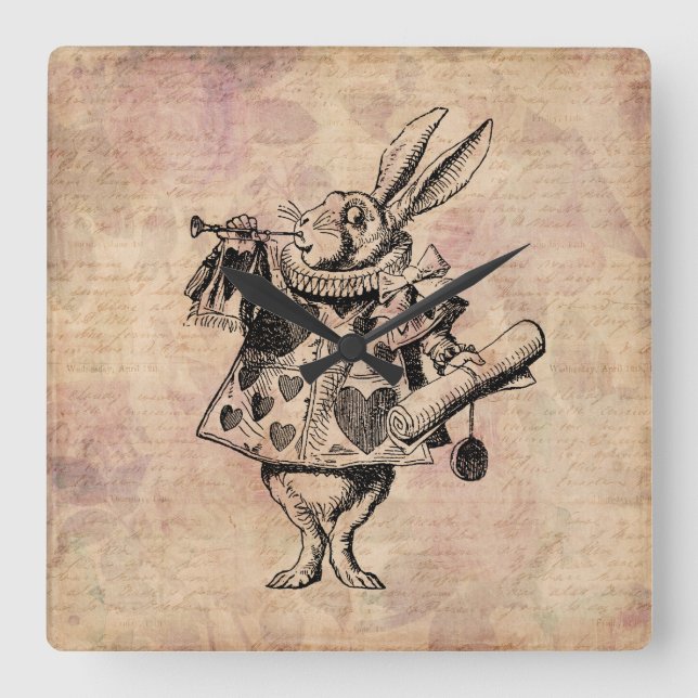 Herald White Rabbit Alice in Wonderland Floral Square Wall Clock (Front)