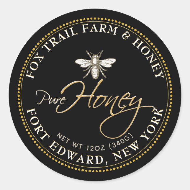 Heraldic Bee Black Honey Label with Script text (Front)