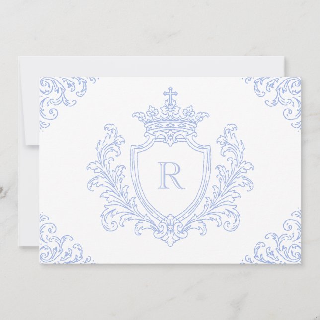 Heraldic Crest Blue Catholic Baptism Initial Invitation (Front)