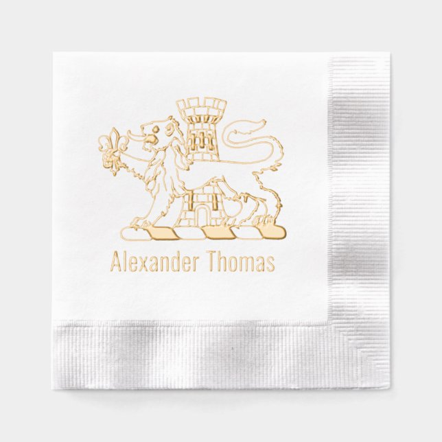 Heraldic Lion Fleur de Lis Castle Name Foil Napkins (Front)