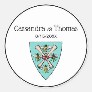 Heraldic Vintage 4 Bees Scrolls on Shield Crest TB Classic Round Sticker
