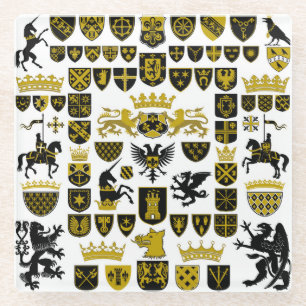 Heraldry crests, symbolic designs. glass coaster