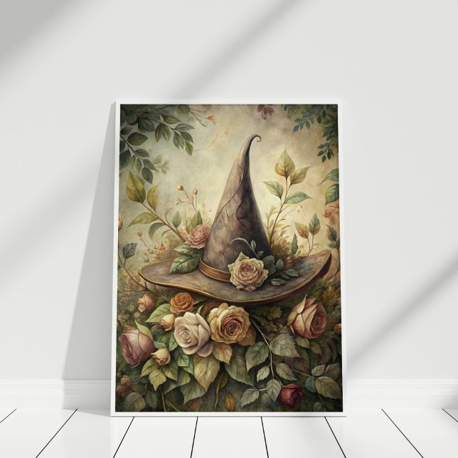 Herb and Flowers Spell – Boho Witch Hat Wall Art (Herb and Flowers Spell – Boho Witch Hat Wall Art in a white frame.)