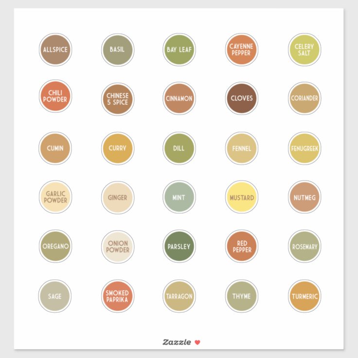 Herb and Spice jar labels color coded