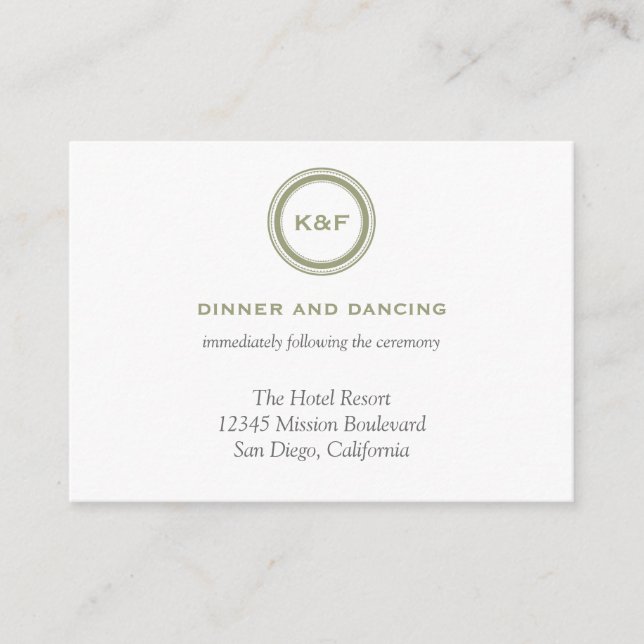 Herb green initials wedding reception enclosure card (Front)