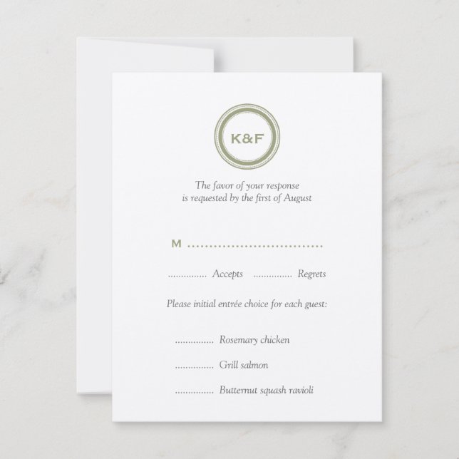 Herb green initials wedding RSVP response card (Front)