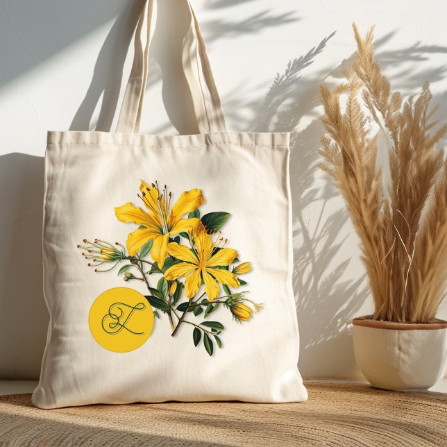 Herb St. Johns Wort Monogram Initial Tote Bag (Creator Uploaded)