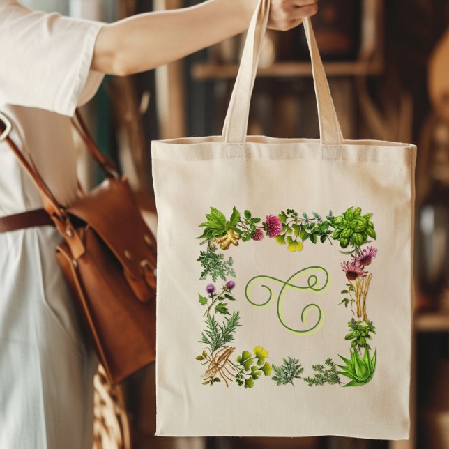 Herbal Border Monogram Initial Tote Bag (Creator Uploaded)