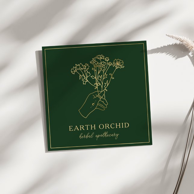 Herbal + Floral Apothecary Gold & Green Square Business Card (Creator Uploaded)