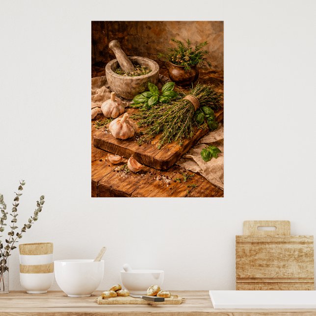 Herbs and Garlic Still Life a Rustic Culinary Poster