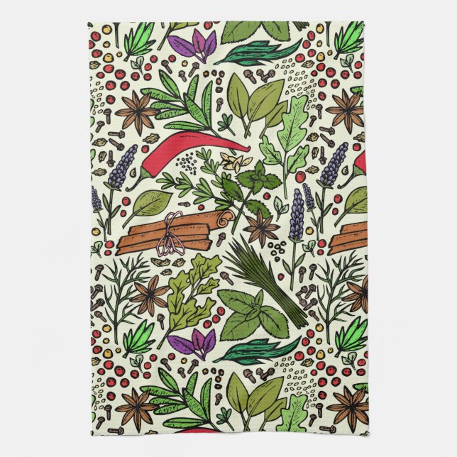 Herbs and Spices Illustration Tea Towel (Vertical)