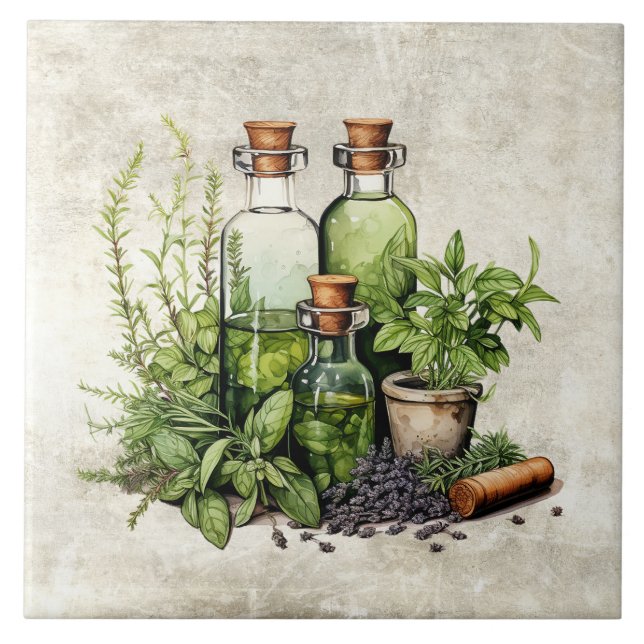 Herbs Oil Vinegar Bottles Rustic Tile (Front)