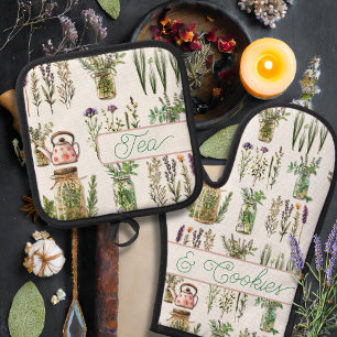 Herbs Pattern Tea and Cookies Oven Mitt & Pot Holder Set