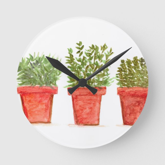 Herbs thyme rosemary mint watercolor rustic herbs round clock (Front)