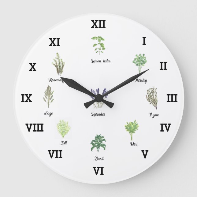 Herbs Watercolor Kitchen Garden Green Spices Thyme Large Clock (Front)