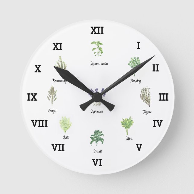 Herbs Watercolor Kitchen Garden Green Spices Thyme Round Clock (Front)