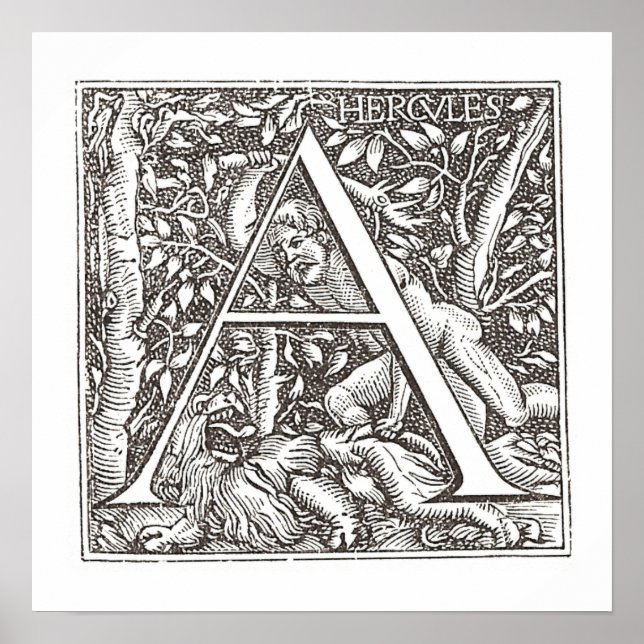 Hercules Slaying the Lion with Letter A Monogram Poster (Front)