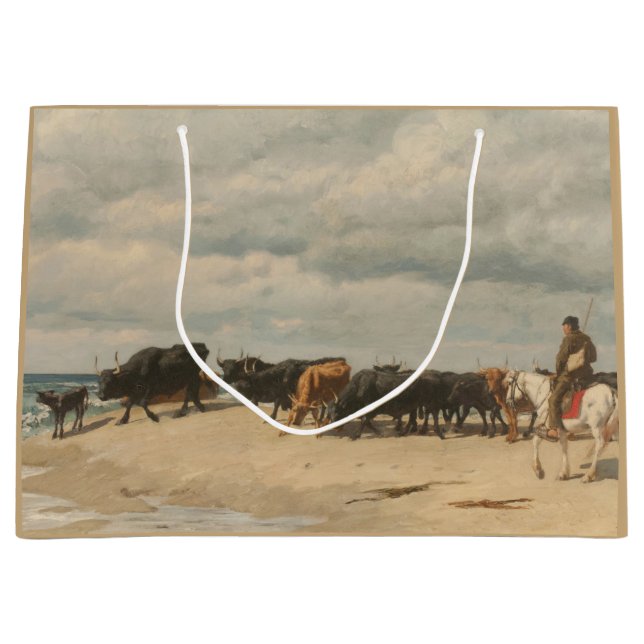 Herd of Cattle Beside the Sea (by Eugène Burnand) Large Gift Bag (Front)