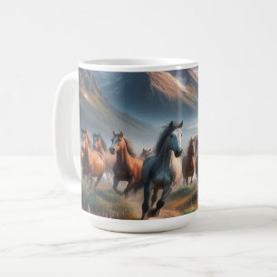 Herd of Horses Galloping, Misty Mountain Scene Coffee Mug