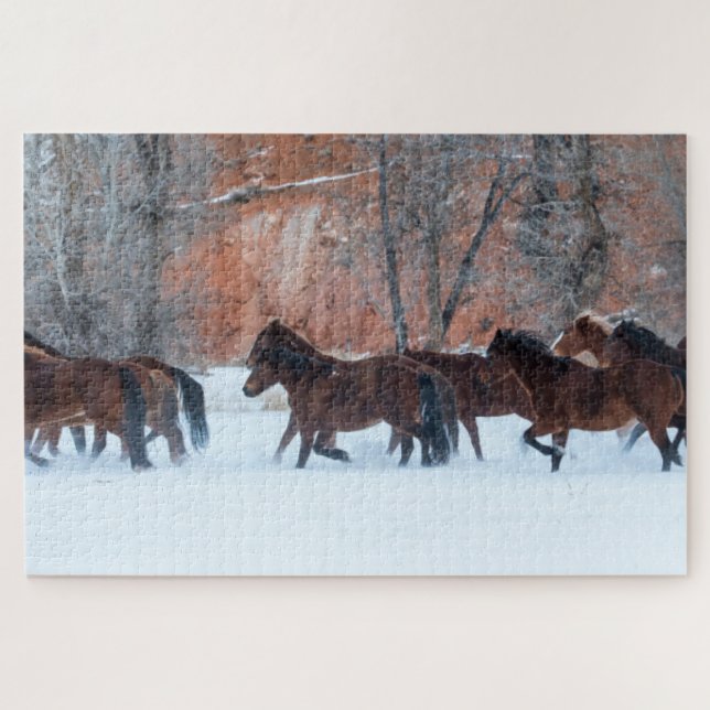 Herd of Horses Running in Snow Jigsaw Puzzle (Horizontal)