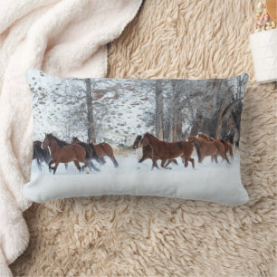 Herd of Horses Running in Snow Lumbar Cushion