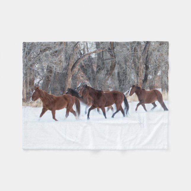 Herd of Horses Running in Winters Snow Fleece Blanket (Front (Horizontal))