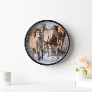 Herd of Mixed Breed Horses Running in the Snow Clock