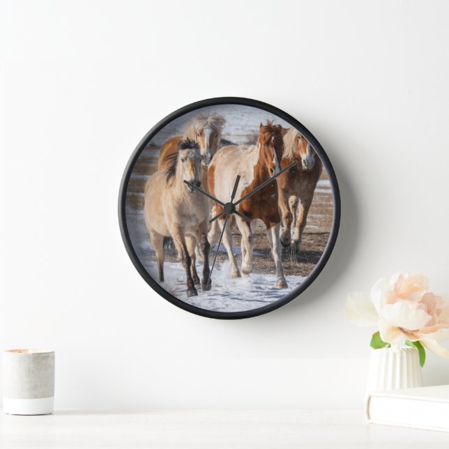 Herd of Mixed Breed Horses Running in the Snow Clock (Home)