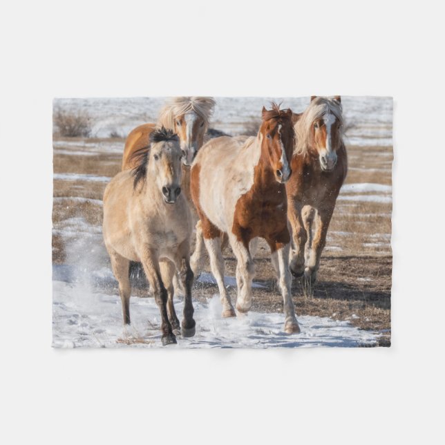 Herd of Mixed Breed Horses Running in the Snow Fleece Blanket (Front (Horizontal))