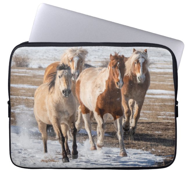 Herd of Mixed Breed Horses Running in the Snow Laptop Sleeve (Front)