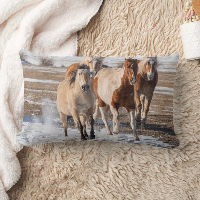Herd of Mixed Breed Horses Running in the Snow Lumbar Cushion (Blanket)