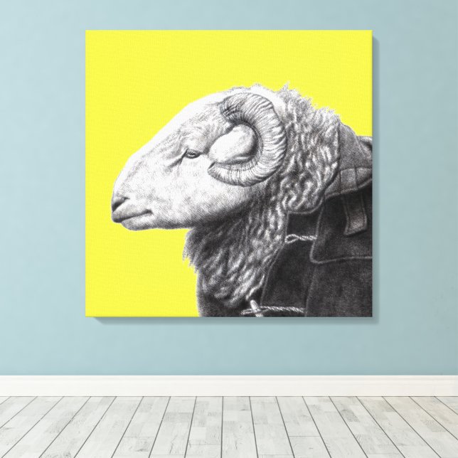 Herdwick Ram in Duffel Coat (Retro Yellow) Canvas Print (Insitu(Wood Floor))