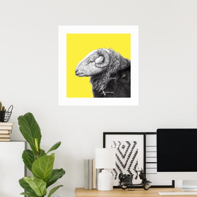 Herdwick Ram in Duffel Coat (Retro Yellow) Poster (Home Office)