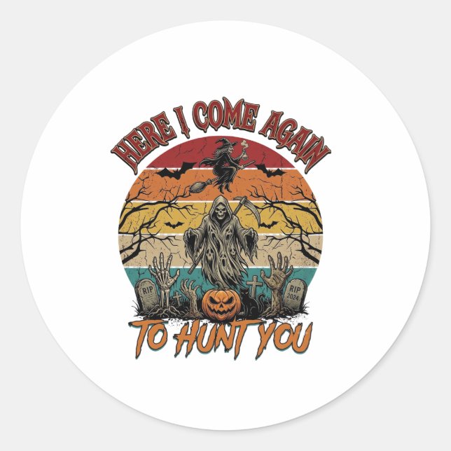 Here Come Again Grim Reaper Halloween Pumpkin_1 Classic Round Sticker (Front)