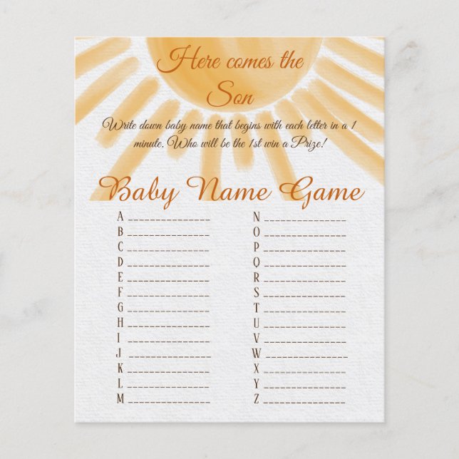 Here Come Sunshine Baby Shower Baby Name Race Game (Front)