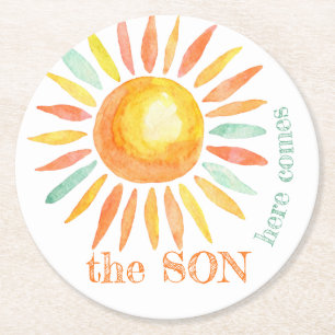 Here Come The Son Sun Watercolor Baby Shower  Round Paper Coaster