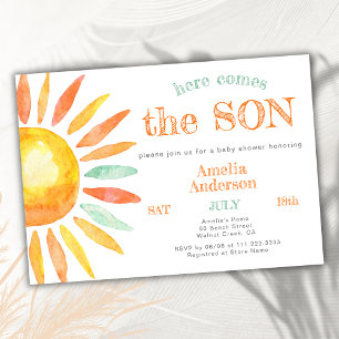 Here Come The Son Sunny Watercolor Baby Shower Invitation